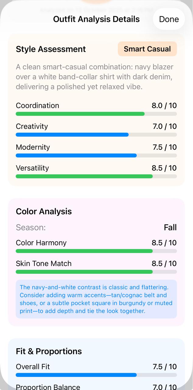 Light mode outfit analysis with scores and color analysis