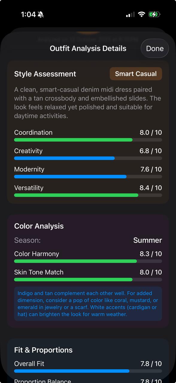 Dark mode outfit analysis with style assessment