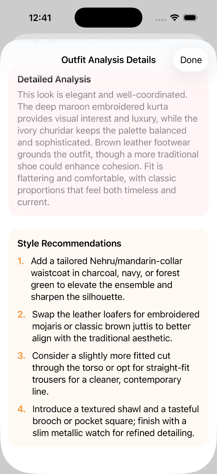 Detailed analysis and recommendations (light, traditional outfit)
