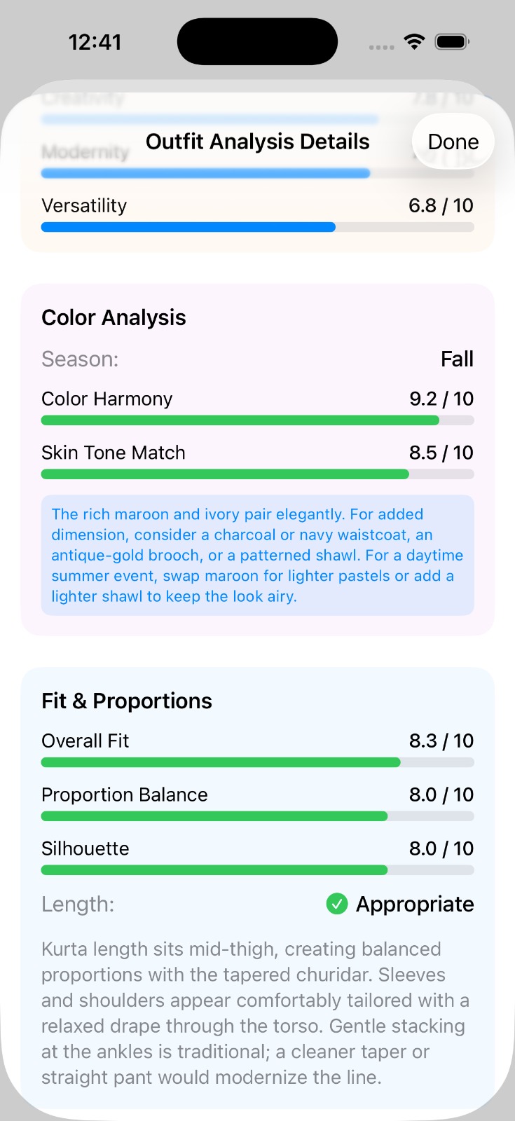 Color analysis and fit with advisory card